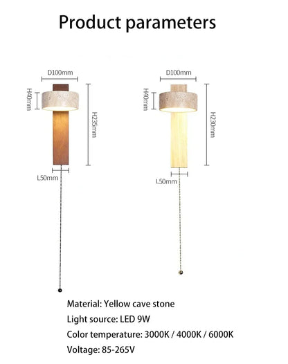 Japandi Natural Stone Wood Wall Lighting With Pull Switch │ Modern Vintage Style Round LED Sconce Wall Light
