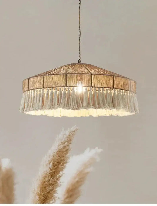 Woven pendant light with crystal accents on a neutral background Besontique Home 