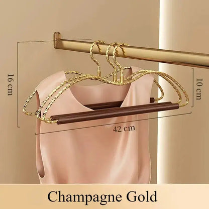 3 pcs Luxury Gold Metal Clothes Hangers │ Anti-Slip Clothes Rack with Wood Bar - Besontique Home