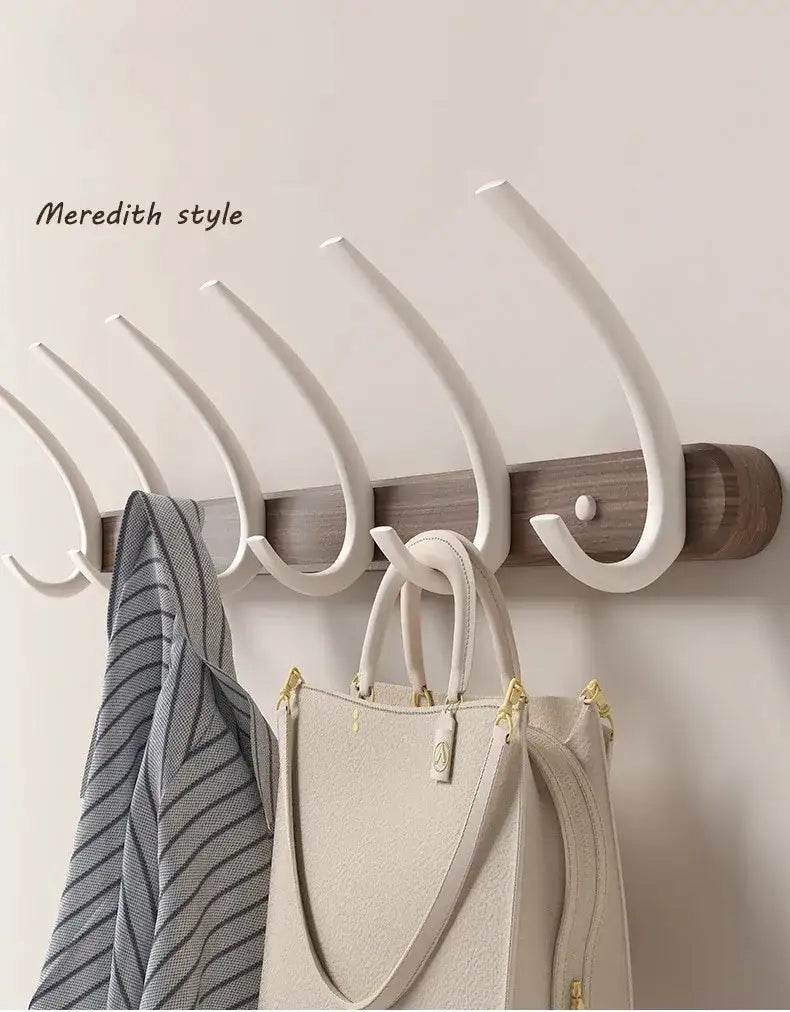 Modern Walnut Moon Shape Coat Rack (White/Black)│ Wall Mounted Wooden Metal Hooks - Besontique Home