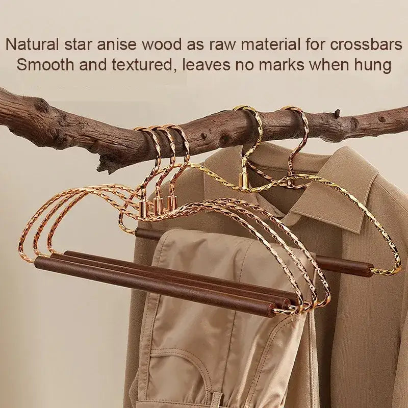 3 pcs Luxury Gold Metal Clothes Hangers │ Anti-Slip Clothes Rack with Wood Bar - Besontique Home