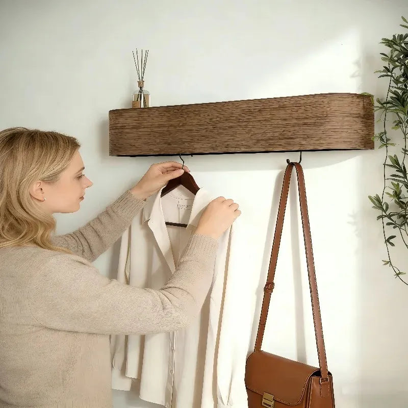 Modern Wooden Entrance Wall Mounted Clothing Rack Shelf with hidden hooks Besontique Home Decor