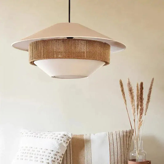Japandi White Cloth Rattan Hemp Rope Pendant Ceiling Lamp Light - Besontique Home