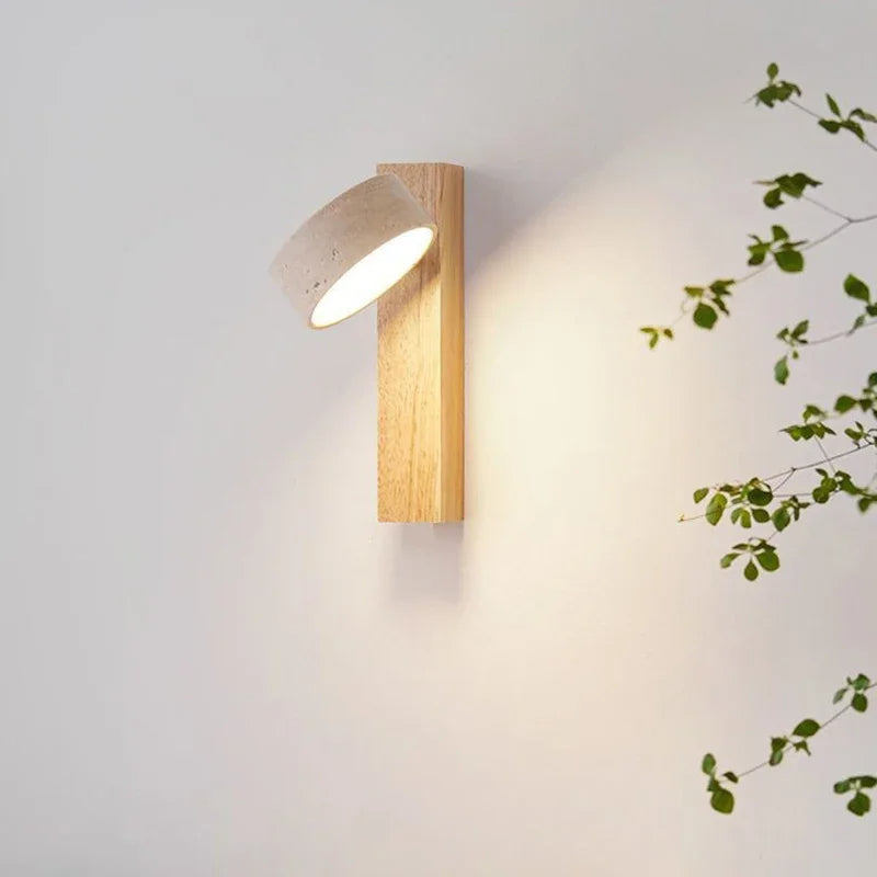 Japandi Natural Stone Wood Wall Lighting With Pull Switch │ Modern Vintage Style Round LED Sconce Wall Light