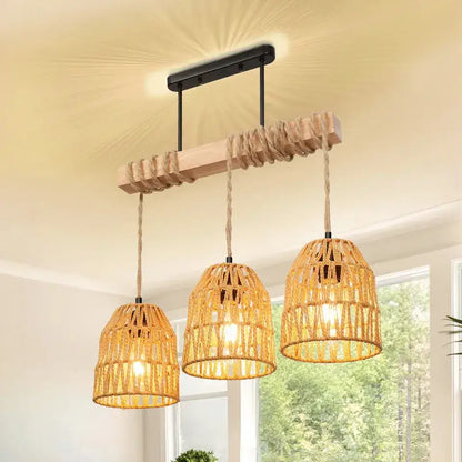 Boho style Rattan 3-light Chandelier Hanging Lamp │ Woven Pendant Lighting For Home Decor - Besontique Home