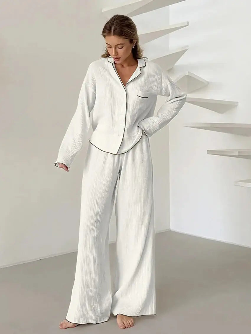 Cotton Turn-Down Collar White Long Sleeve 2 Piece Set │ Homewear Pajamas - Besontique Home