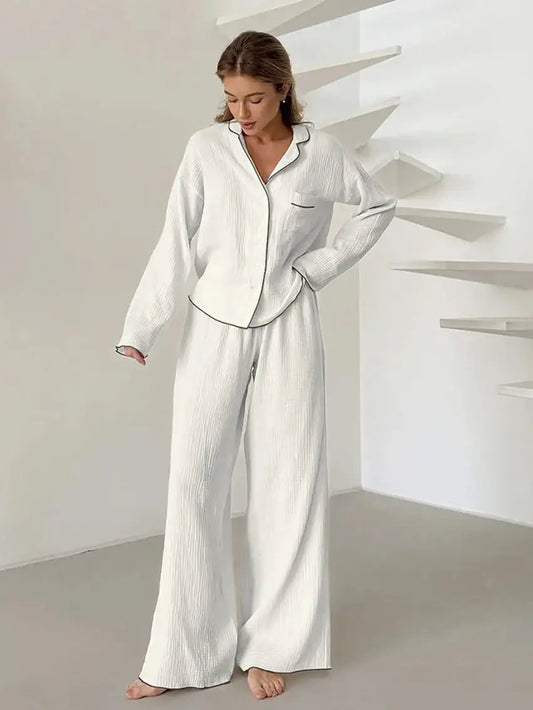 Cotton Turn-Down Collar White Long Sleeve 2 Piece Set │ Homewear Pajamas - Besontique Home