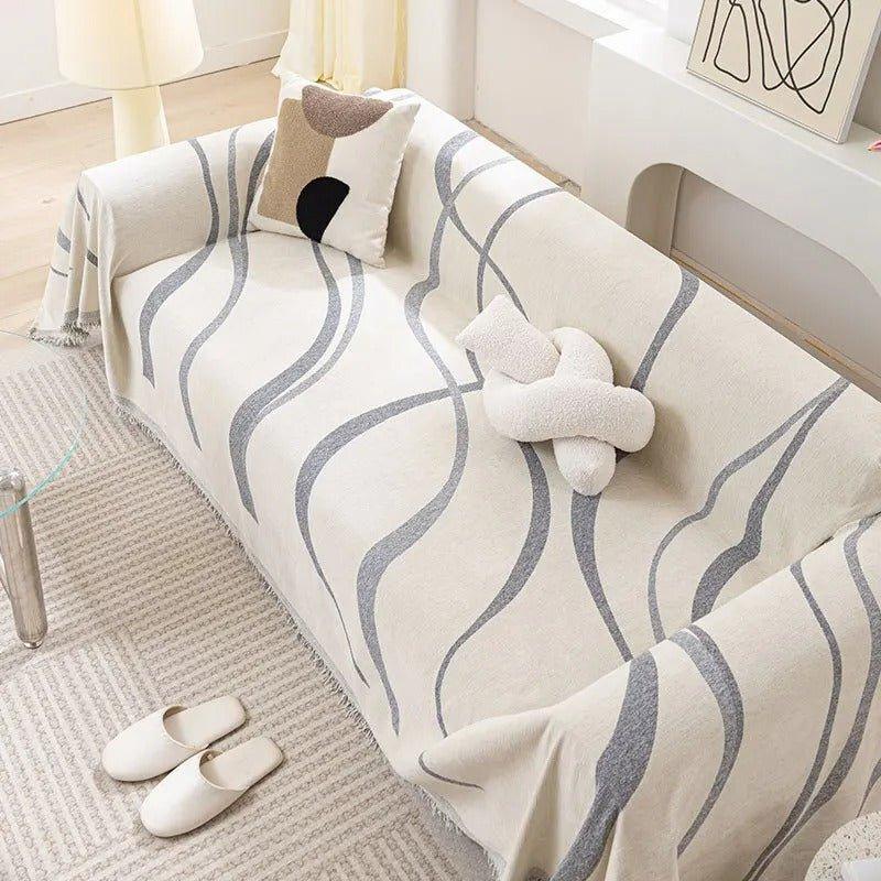 2 Chenille Line Pattern Throw Blanket with Tassel │ Simple Nordic Jacquard Reversible Double Sided Sofa Cover - Besontique