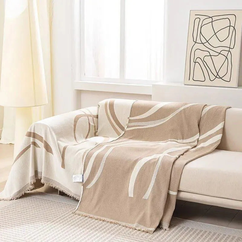 2 Chenille Line Pattern Throw Blanket with Tassel │ Simple Nordic Jacquard Reversible Double Sided Sofa Cover - Besontique Home