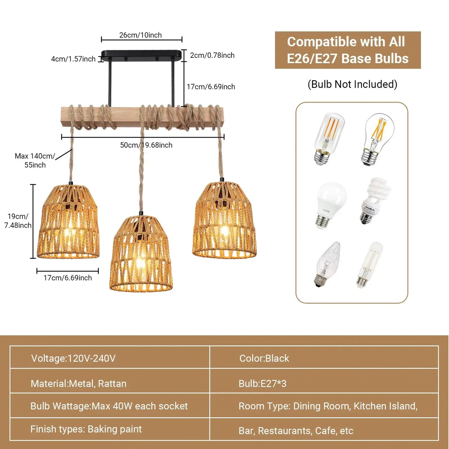 Boho style Rattan 3-light Chandelier Hanging Lamp │ Woven Pendant Lighting For Home Decor - Besontique Home