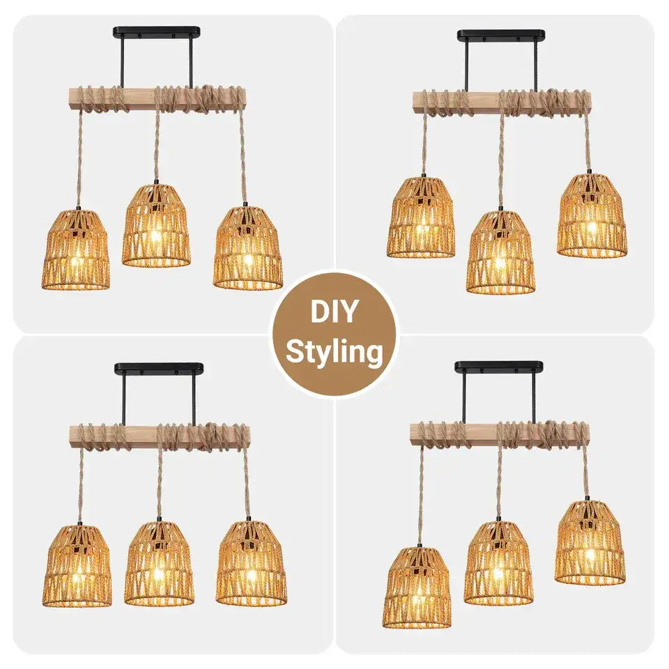 Boho style Rattan 3-light Chandelier Hanging Lamp │ Woven Pendant Lighting For Home Decor - Besontique Home