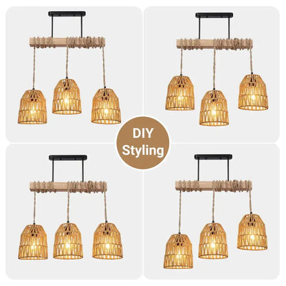 Boho style Rattan 3-light Chandelier Hanging Lamp │ Woven Pendant Lighting For Home Decor - Besontique Home