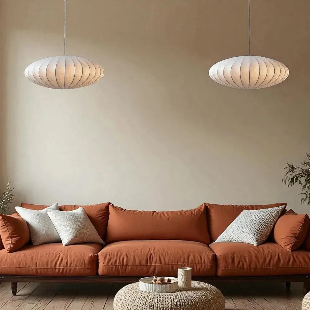 Minimal Nordic Silk Fabric Pendant Light │ Japandi style White Ceiling Hanging Chandelier