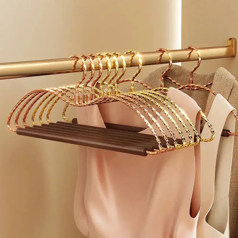 3 pcs Luxury Gold Metal Clothes Hangers │ Anti-Slip Clothes Rack with Wood Bar - Besontique Home