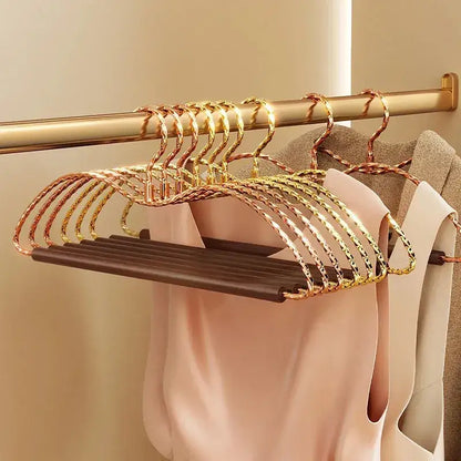 3 pcs Luxury Gold Metal Clothes Hangers │ Anti-Slip Clothes Rack with Wood Bar - Besontique Home