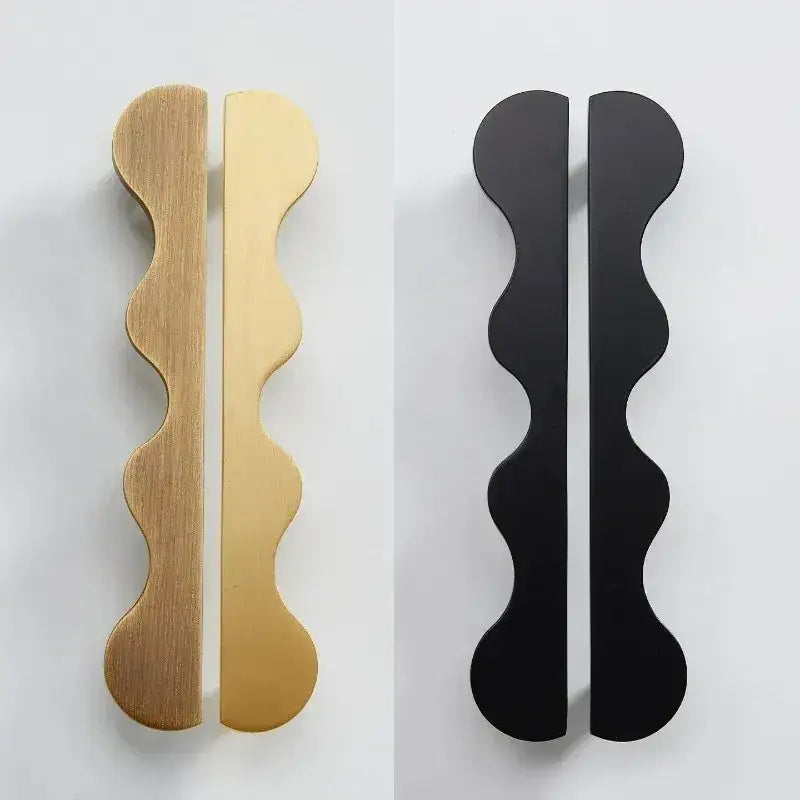 Brass Wave Cabinet Handles Door Knobs |  Luxury Modern Gold & Black Drawer Pulls - Besontique Home