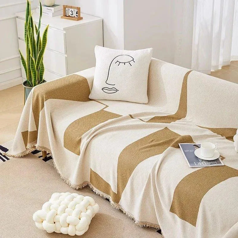 3 Chenille Line Pattern Throw Blanket with Tassel │ Simple Nordic Jacquard Reversible Double Sided Sofa Cover - Besontique Home