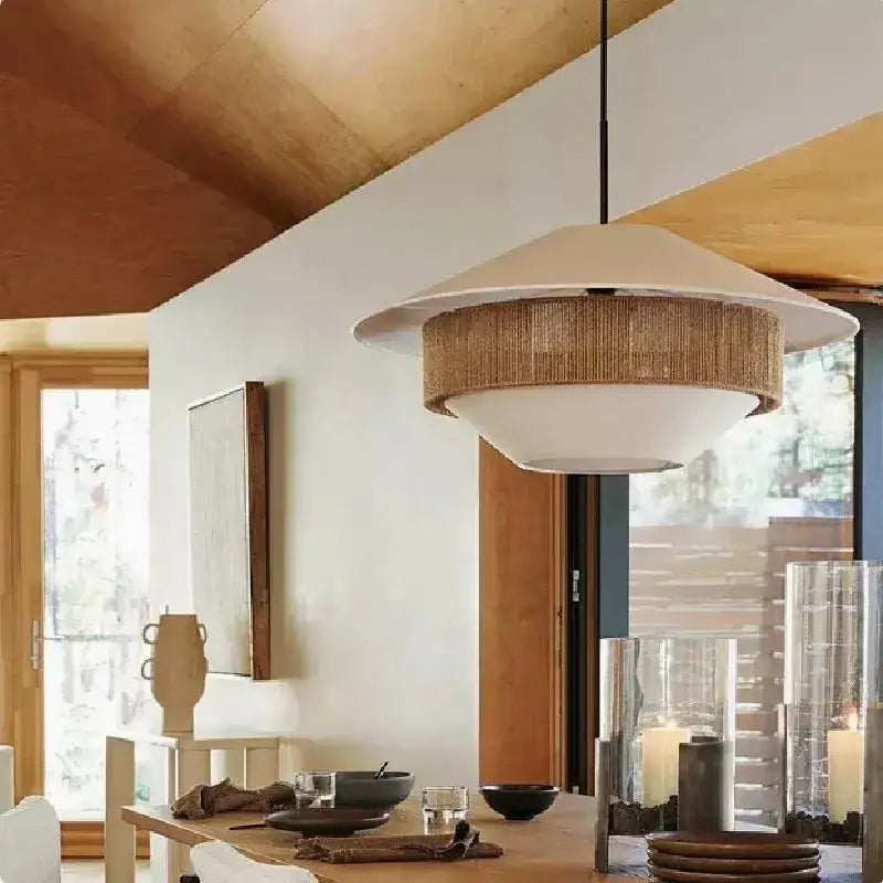 Japandi White Cloth Rattan Hemp Rope Pendant Ceiling Lamp Light - Besontique Home
