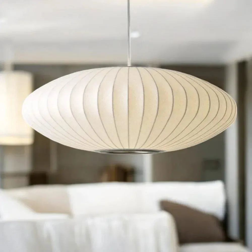 Minimal Nordic Silk Fabric Pendant Light │ Japandi style White Ceiling Hanging Chandelier
