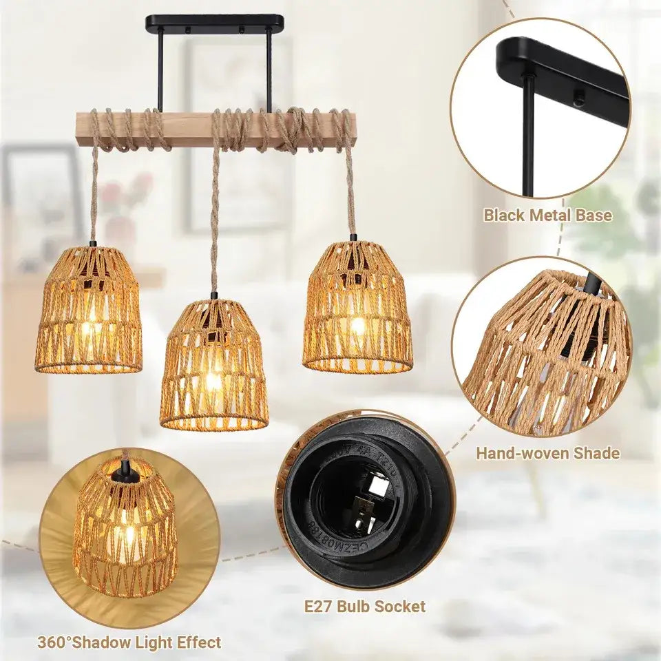 Boho style Rattan 3-light Chandelier Hanging Lamp │ Woven Pendant Lighting For Home Decor - Besontique Home