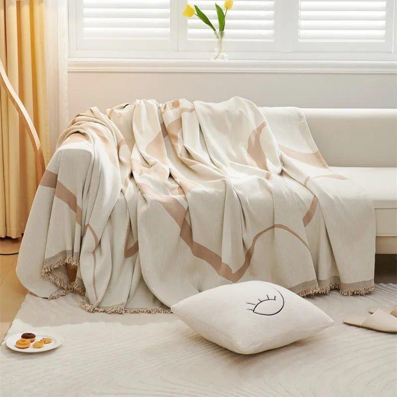 4 Chenille Line Pattern Throw Blanket with Tassel │ Simple Nordic Jacquard Reversible Double Sided Sofa Cover - Besontique