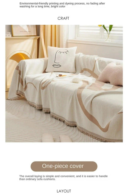 4 Chenille Line Pattern Throw Blanket with Tassel │ Simple Nordic Jacquard Reversible Double Sided Sofa Cover - Besontique Home