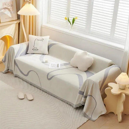 4 Chenille Line Pattern Throw Blanket with Tassel │ Simple Nordic Jacquard Reversible Double Sided Sofa Cover - Besontique Home