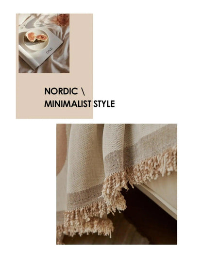 4 Chenille Line Pattern Throw Blanket with Tassel │ Simple Nordic Jacquard Reversible Double Sided Sofa Cover - Besontique Home