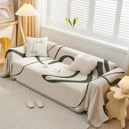 4 Chenille Line Pattern Throw Blanket with Tassel │ Simple Nordic Jacquard Reversible Double Sided Sofa Cover - Besontique Home