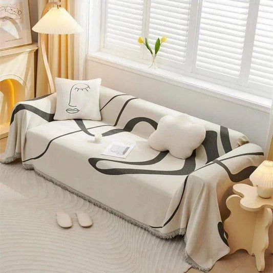 4 Chenille Line Pattern Throw Blanket with Tassel │ Simple Nordic Jacquard Reversible Double Sided Sofa Cover - Besontique Home
