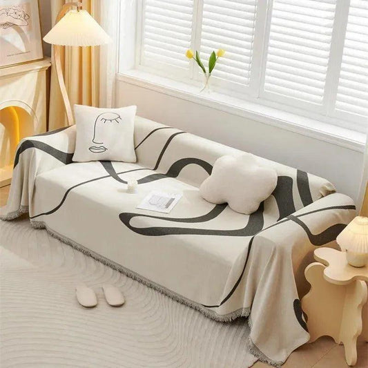 4 Chenille Line Pattern Throw Blanket with Tassel │ Simple Nordic Jacquard Reversible Double Sided Sofa Cover - Besontique Home