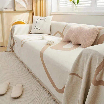 4 Chenille Line Pattern Throw Blanket with Tassel │ Simple Nordic Jacquard Reversible Double Sided Sofa Cover - Besontique Home