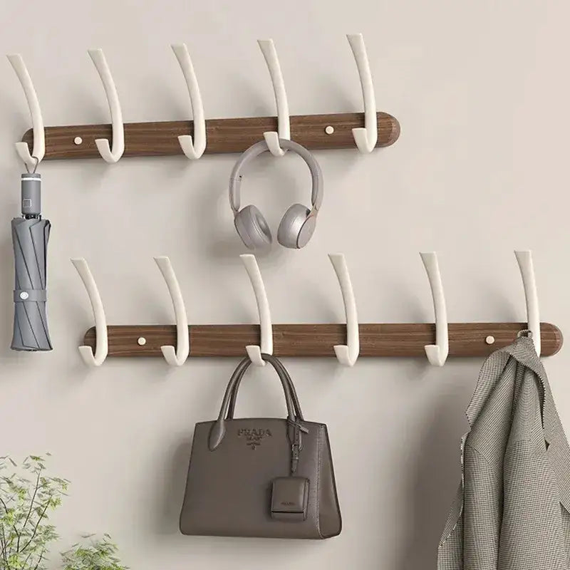 Modern Walnut Moon Shape Coat Rack (White/Black)│ Wall Mounted Wooden Metal Hooks - Besontique Home