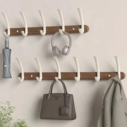 Modern Walnut Moon Shape Coat Rack (White/Black)│ Wall Mounted Wooden Metal Hooks - Besontique Home