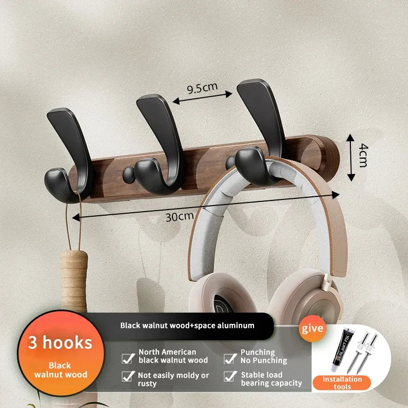 Modern Walnut Moon Shape Coat Rack (White/Black)│ Wall Mounted Wooden Metal Hooks