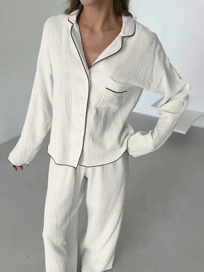 Cotton Turn-Down Collar White Long Sleeve 2 Piece Set │ Homewear Pajamas - Besontique Home