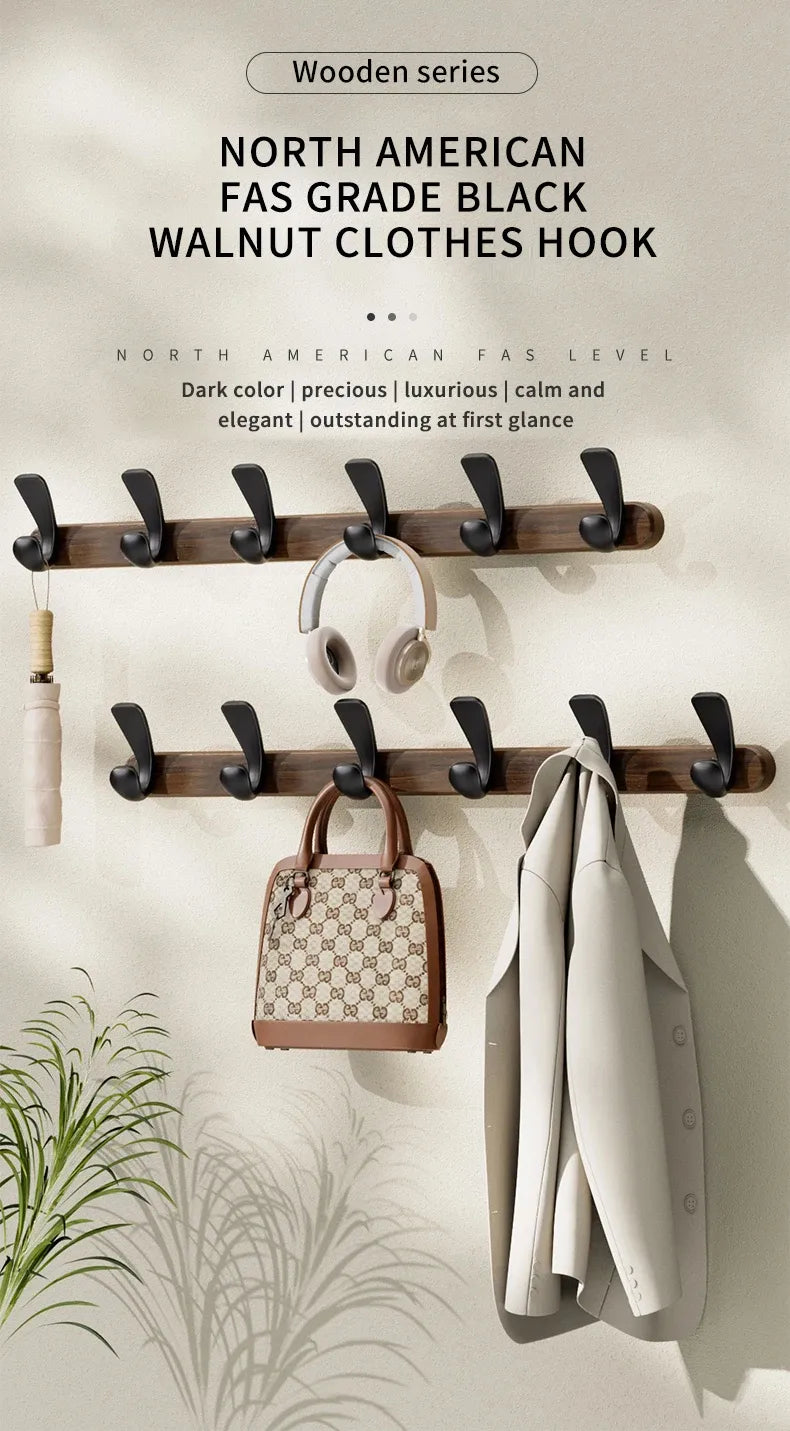 Modern Walnut Moon Shape Coat Rack (White/Black)│ Wall Mounted Wooden Metal Hooks