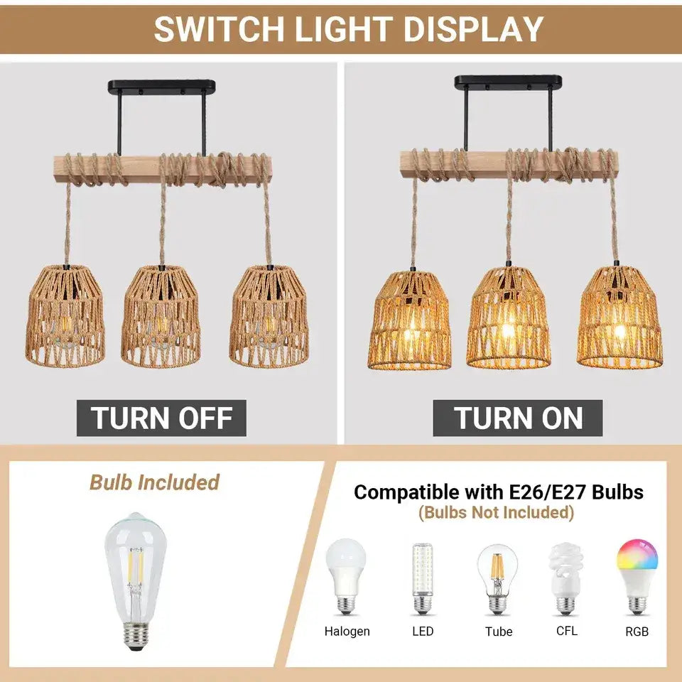 Boho style Rattan 3-light Chandelier Hanging Lamp │ Woven Pendant Lighting For Home Decor - Besontique Home