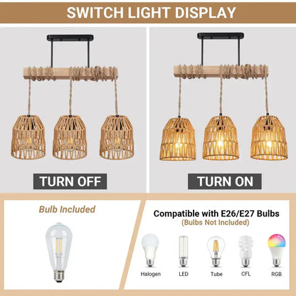 Boho style Rattan 3-light Chandelier Hanging Lamp │ Woven Pendant Lighting For Home Decor - Besontique Home