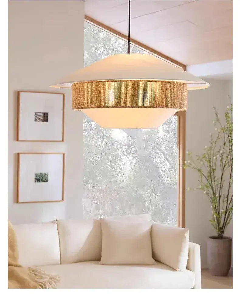 Japandi White Cloth Rattan Hemp Rope Pendant Ceiling Lamp Light - Besontique Home