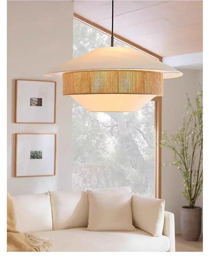 Japandi White Cloth Rattan Hemp Rope Pendant Ceiling Lamp Light - Besontique Home