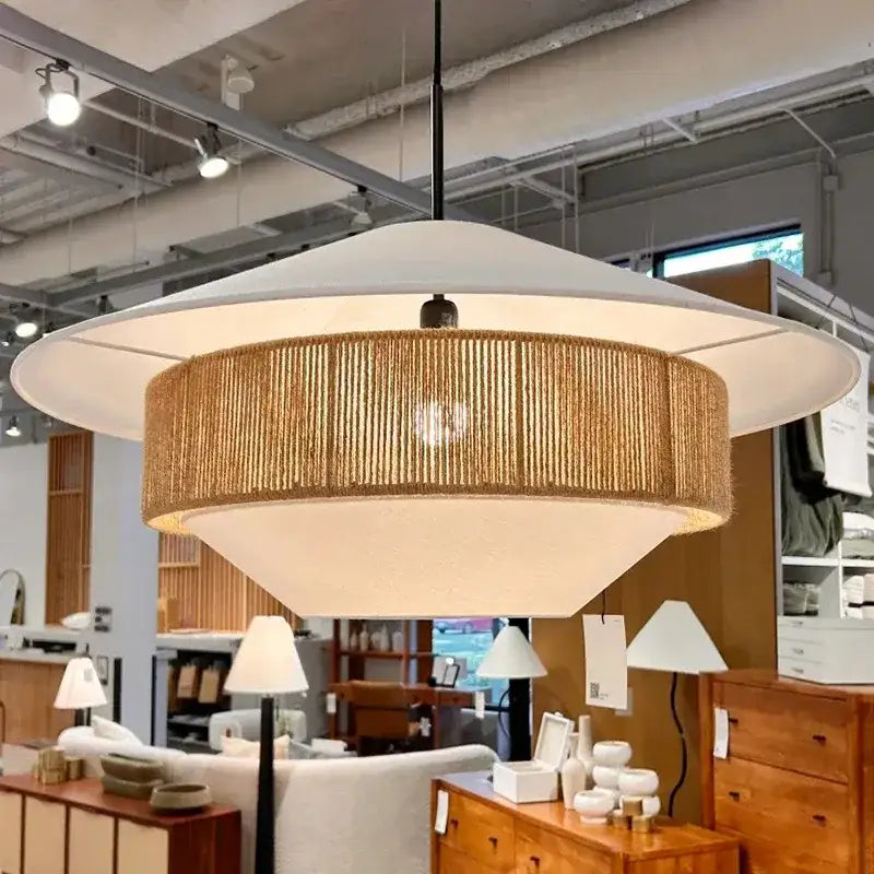 Japandi White Cloth Rattan Hemp Rope Pendant Ceiling Lamp Light - Besontique Home