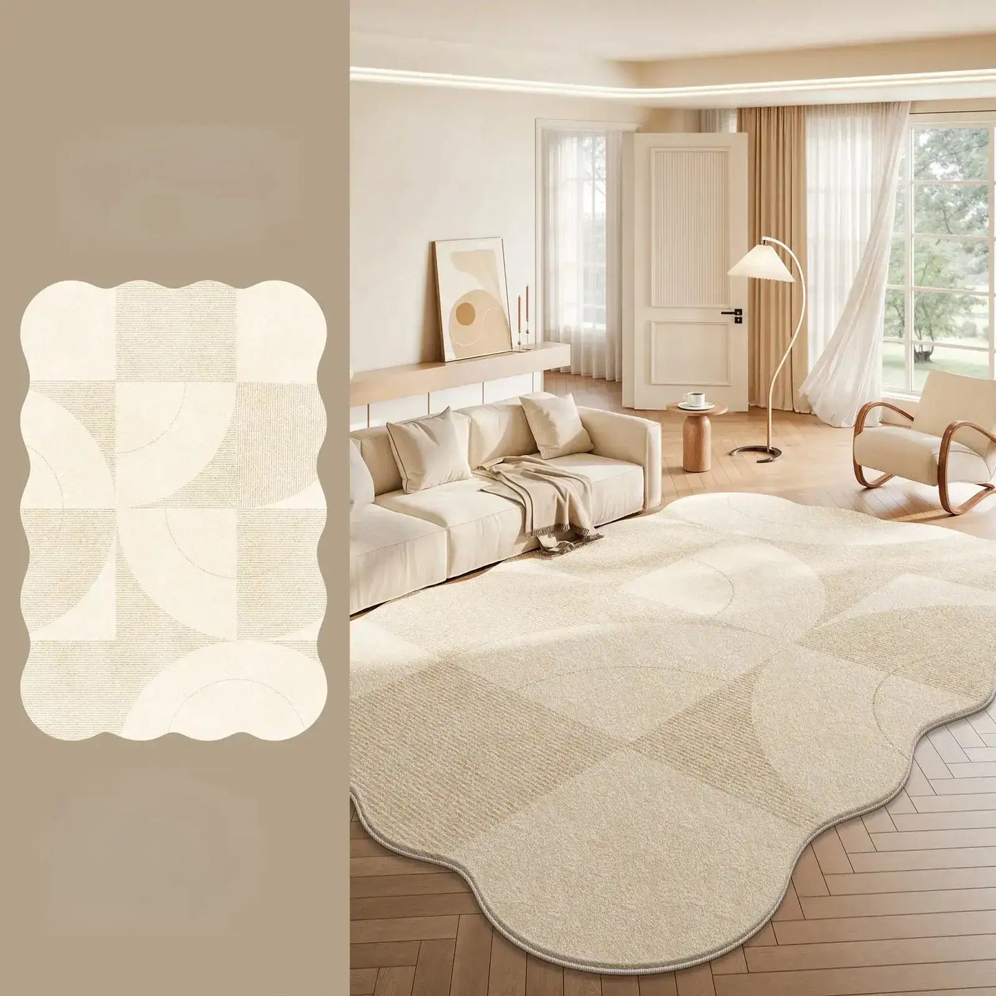 Cream Plush Irregular Rug Soft Fluffy Carpet for Bedroom