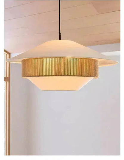Japandi White Cloth Rattan Hemp Rope Pendant Ceiling Lamp Light - Besontique Home