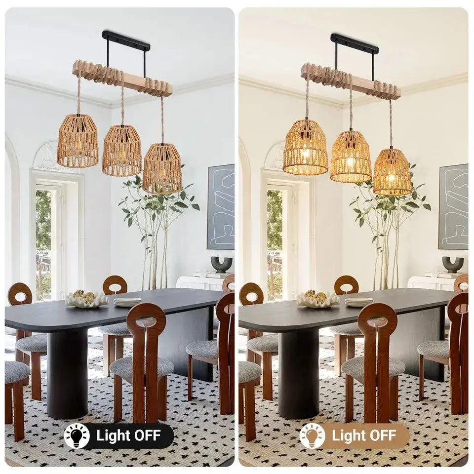 Boho style Rattan 3-light Chandelier Hanging Lamp │ Woven Pendant Lighting For Home Decor - Besontique Home