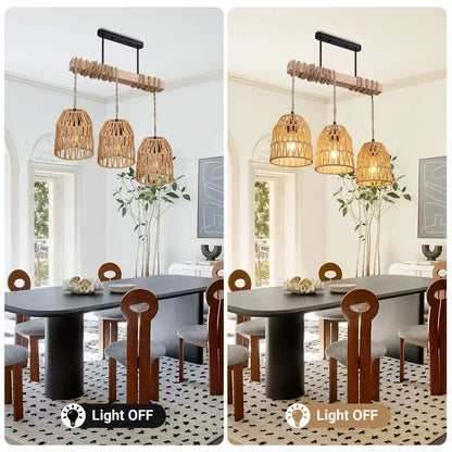 Boho style Rattan 3-light Chandelier Hanging Lamp │ Woven Pendant Lighting For Home Decor - Besontique Home