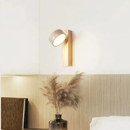 Japandi Natural Stone Wood Wall Lighting With Pull Switch │ Modern Vintage Style Round LED Sconce Wall Light