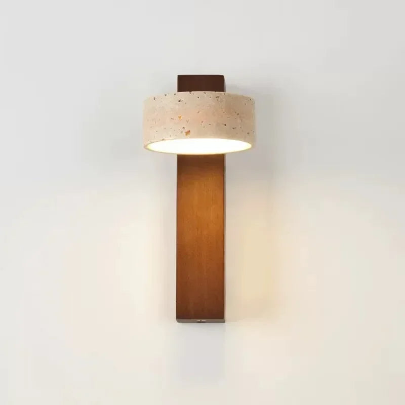 Japandi Natural Stone Wood Wall Lighting With Pull Switch │ Modern Vintage Style Round LED Sconce Wall Light