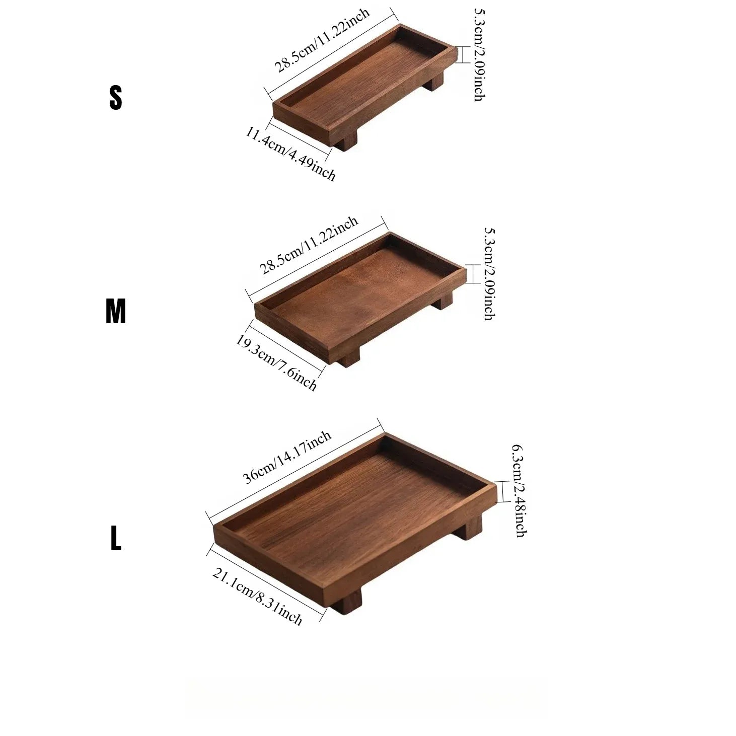 Three wooden trays of different sizes with measurements on a white background