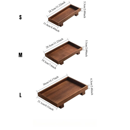 Three wooden trays of different sizes with measurements on a white background